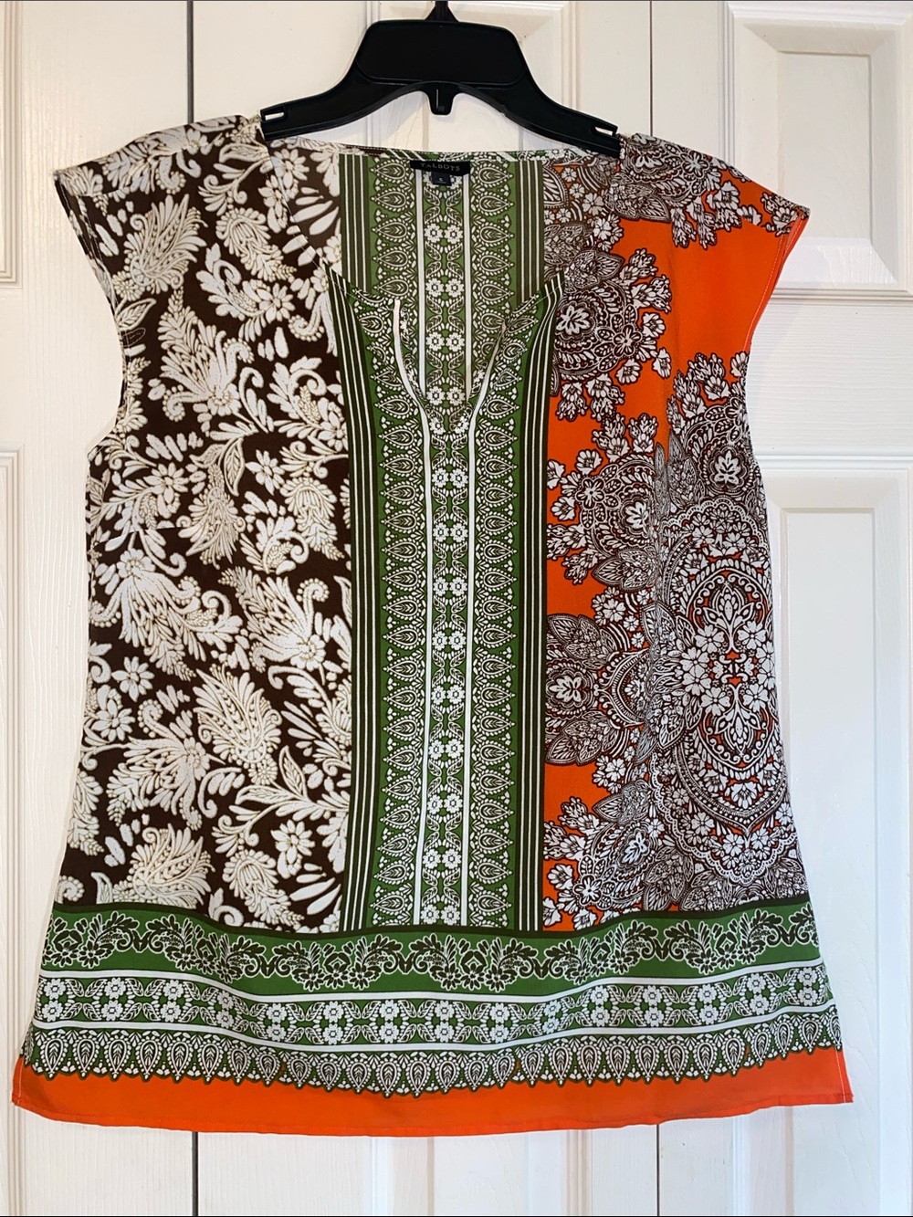 Talbots Mixed-Print Cap-Sleeve Tunic in Orange, Olive Green & Brown